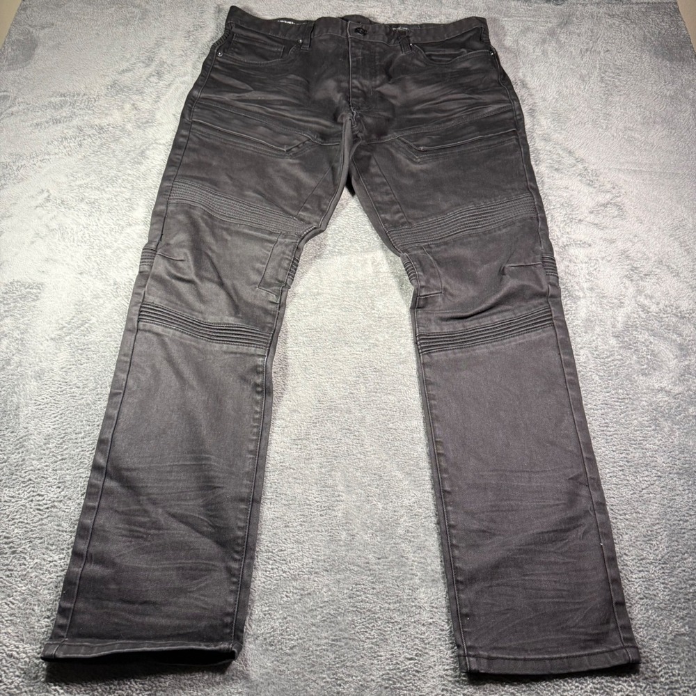 Smoke Rise Mens W38 L32 Slim Fit Moto Biker Jeans Washed Black Ribbed Paneled